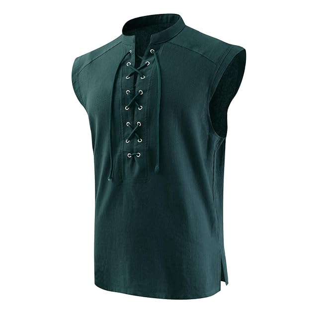 Mens Medieval Pirate Lace-up Sleeveless Shirt Renaissance Viking Stand Collar Top Steampunk Gothic Costume Tunic