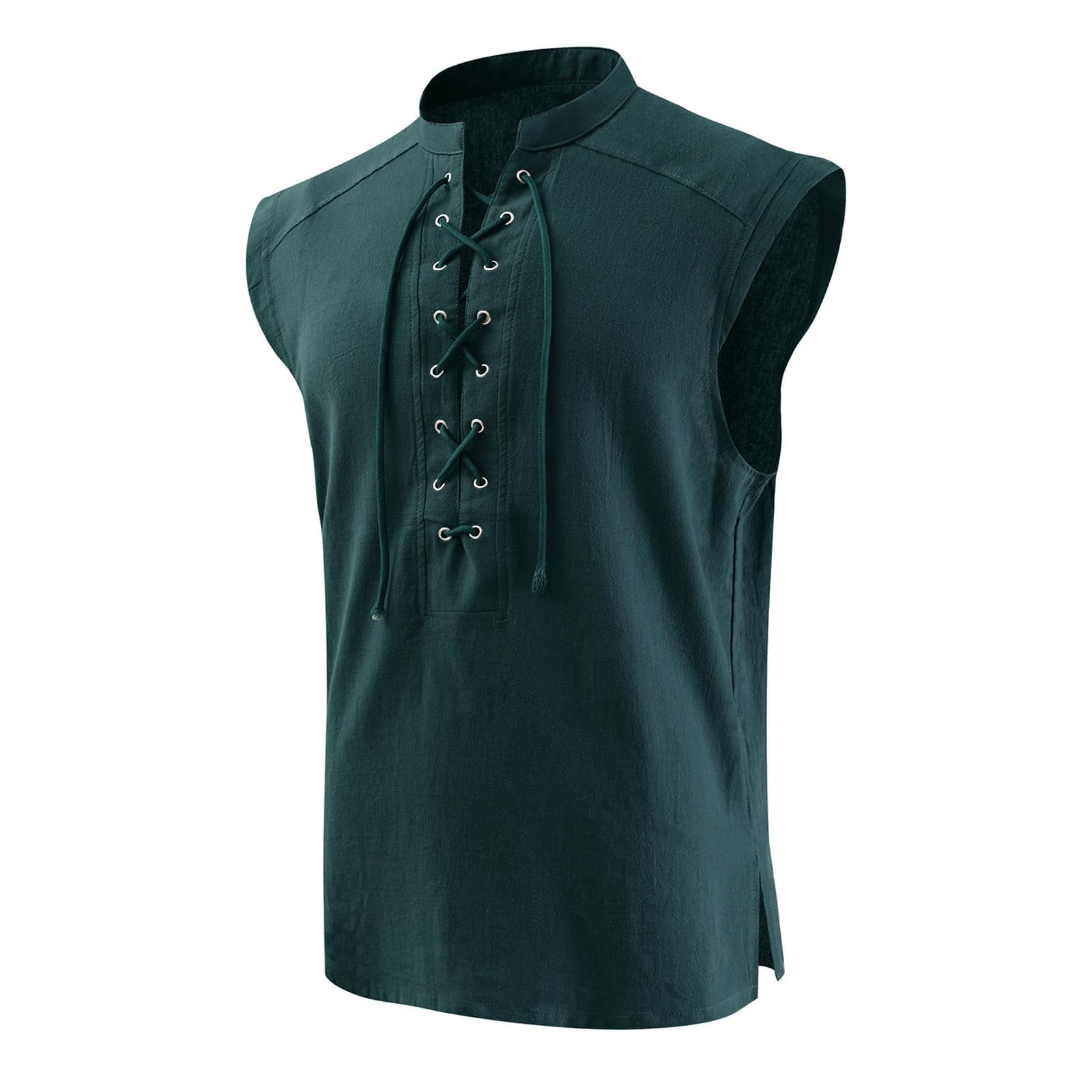 Mens Medieval Pirate Lace-up Sleeveless Shirt Renaissance Viking Stand Collar Top Steampunk Gothic Costume Tunic