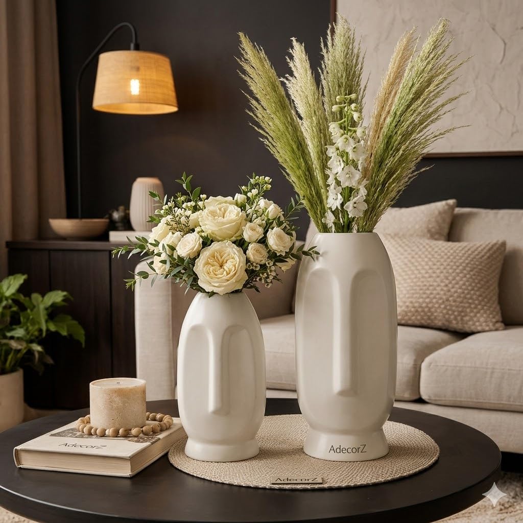 White Ceramic Vase Set of 2, Modern Minimalist Design, Human Face Planter for Pampas Grass & Dried Flowers | Boho Home Decor for Living Room, Shelf, Office, Entryway | Housewarming Gift-image-11