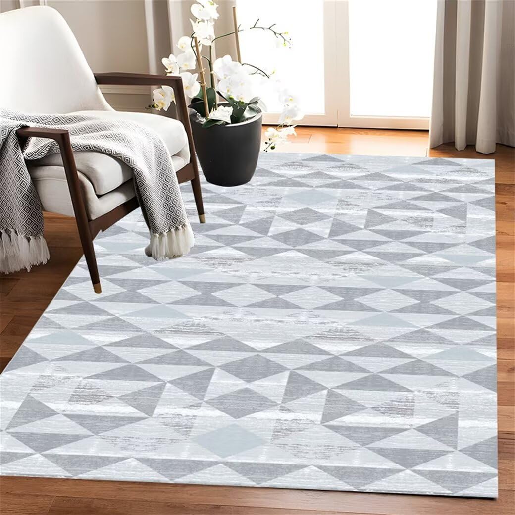 Tapis XXL salon 100x210cm gris lavable à motif géométrique moderne