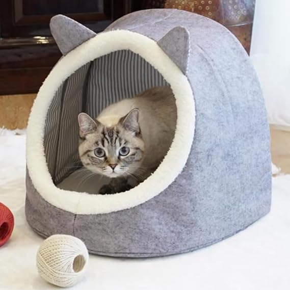 Katlanabilir Keçe Kedi Köpek Evi Kedi Yuvası Peluşlu Kedi Pet Yatağı (Gri)