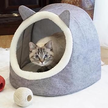 Katlanabilir Keçe Kedi Köpek Evi Kedi Yuvası Peluşlu Kedi Pet Yatağı (Gri)