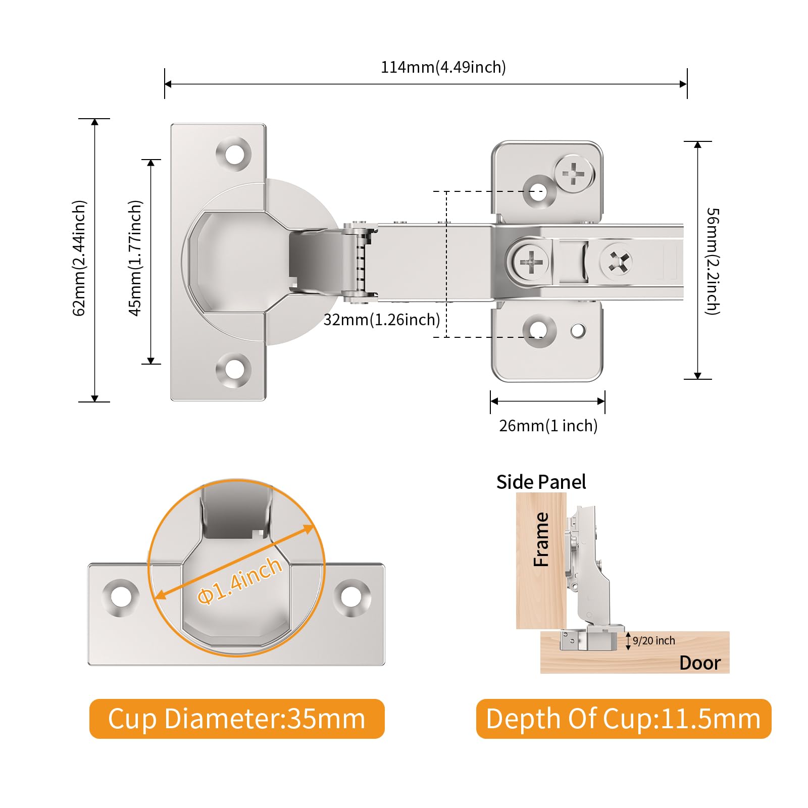 Chibery 10 Stück rahmenlose halb-Overlay-Scharniere, sanft schließend, satiniertes Nickel, selbstschließend, 105° offener Winkel, 3D-Einstellung, Stopp 85 & 105 Grad, Clip-On, Edelstahl für Schranktür