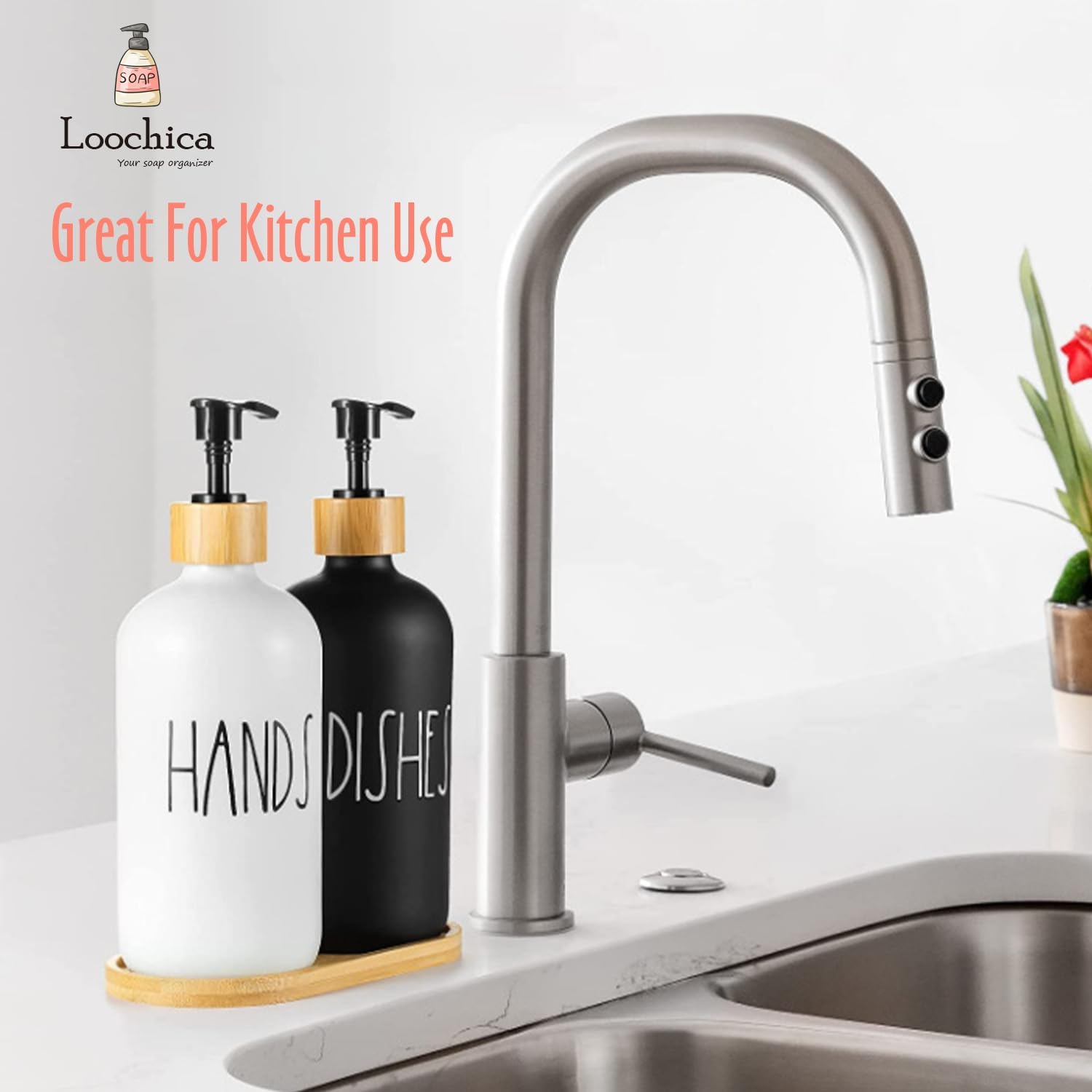 LOOCHICA 2 Pack Glass Soap Dispenser Set with Tray, Hand and Dish Glass Soap Dispensers for Kitchen Sink, Kitchen Soap Dispenser Set Suitable for Black and White Kitchen Decor