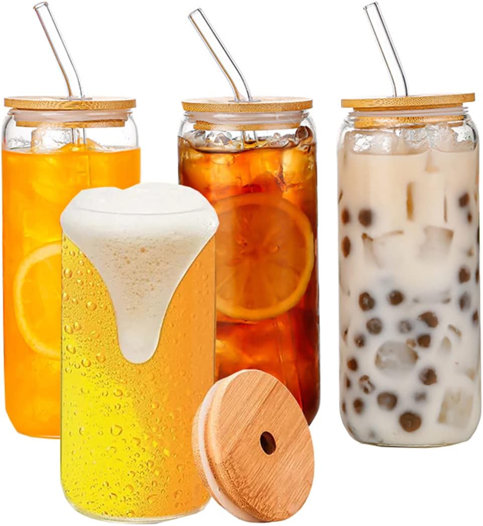 LINAZI 16 oz drinking glasses set of 4 with Bamboo Lids