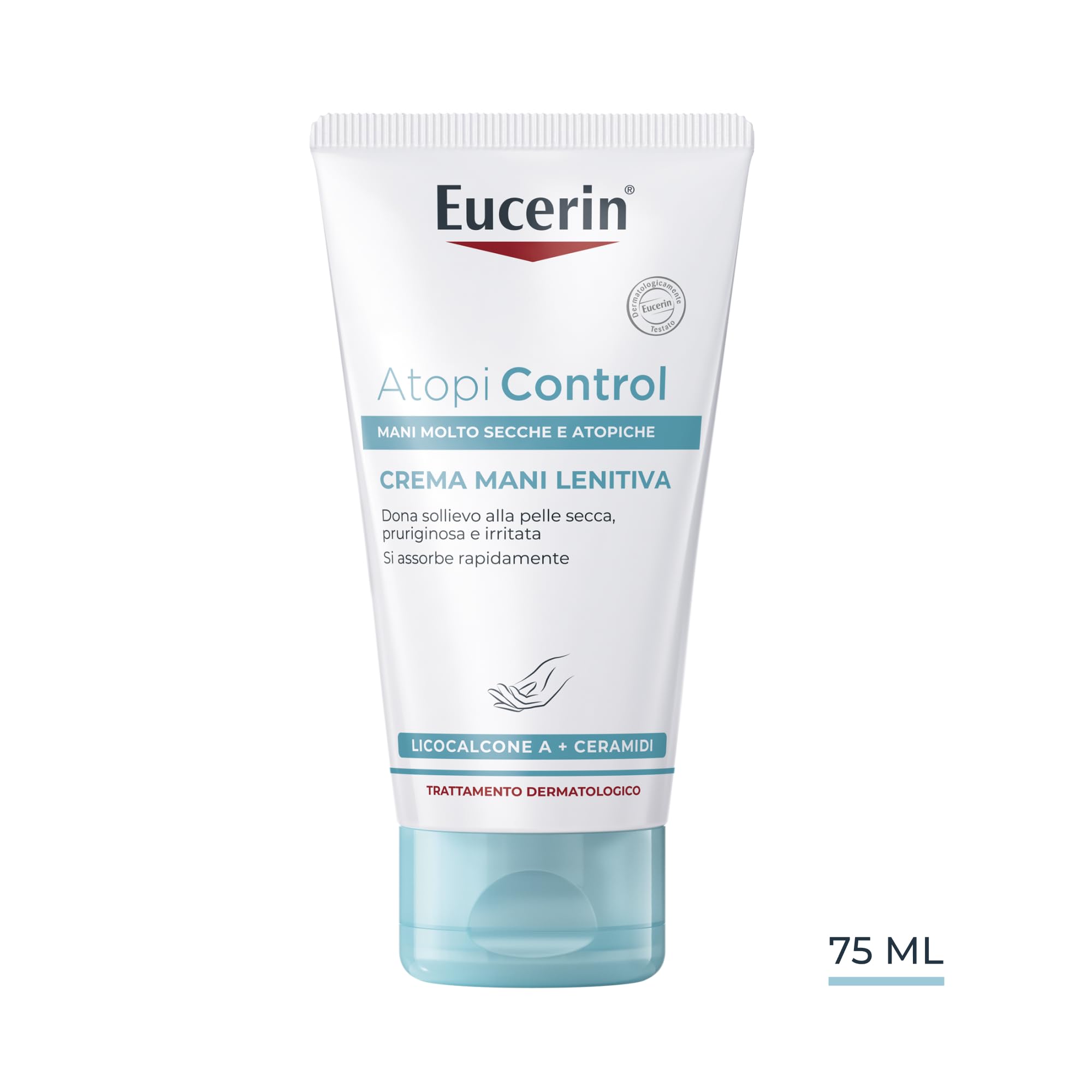 Eucerin Atopi Control Crema Mani Lenitiva 75 ml, Crema dermatite atopica mani per un sollievo immediato, Formula riparatrice con Ceramidi per pelle secca, screpolata, atopica e con eczema