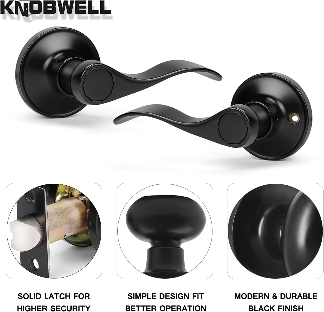 KNOBWELL 8 Pack Black Door Knobs Closet Hallway Door Handles Non-Locking Interior Matte Black Door Levers, Reversible for Right or Left, Zinc Alloy
