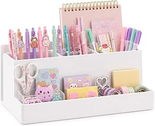 Acrimet Organizador de Mesa, Porta Lápis Canetas, 6 Divisórias, Cor Branco | Espaço para Caderno, Pasta, Blocos e Acessórios de Escritório