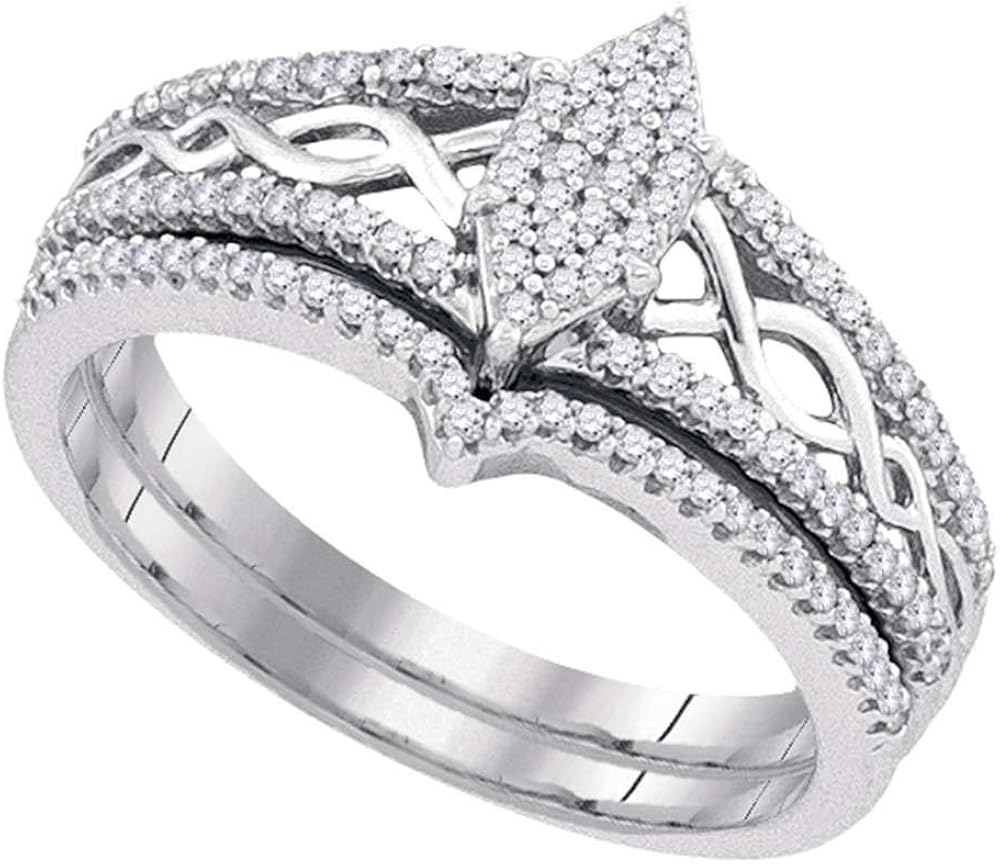 Diamond Cluster Engagement Ring + Wedding Band Bridal Set 1/3ct 10k White Gold Jewelry