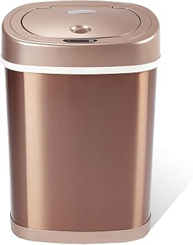 Ninestars 3.9 Gallon Automatic Trash Can, 15L Touchless Motion Sensor Garbage Can with Soft Close Lid, Liner Ring, Fingerprint Resistant Stainless Steel Oval Bathroom or Bedroom, Gold