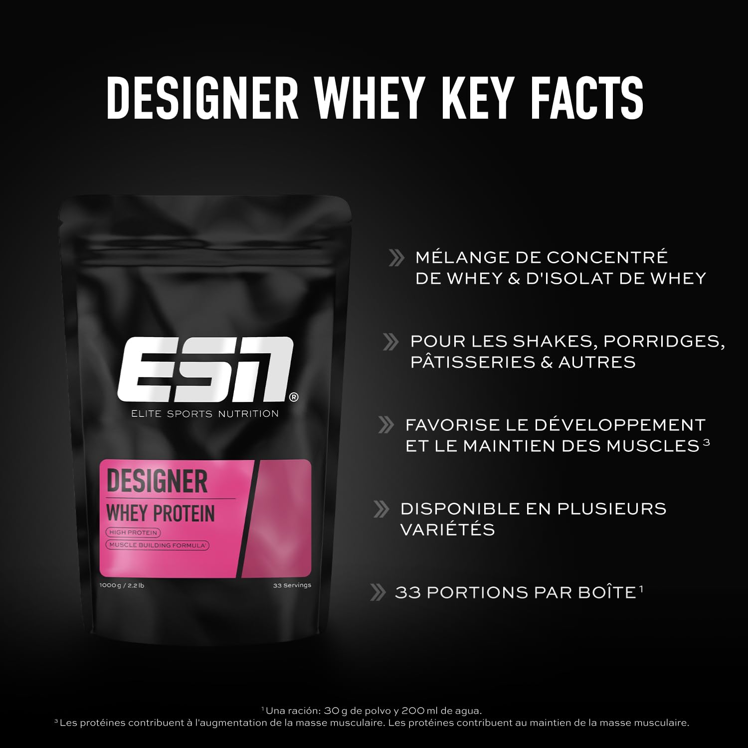 ESN Designer Whey Poudre de protéine, Vanille, 1 kg, jusqu'à 23 g de protéines par portion, idéale pour la construction et le maintien musculaire - fabriquée en Allemagne