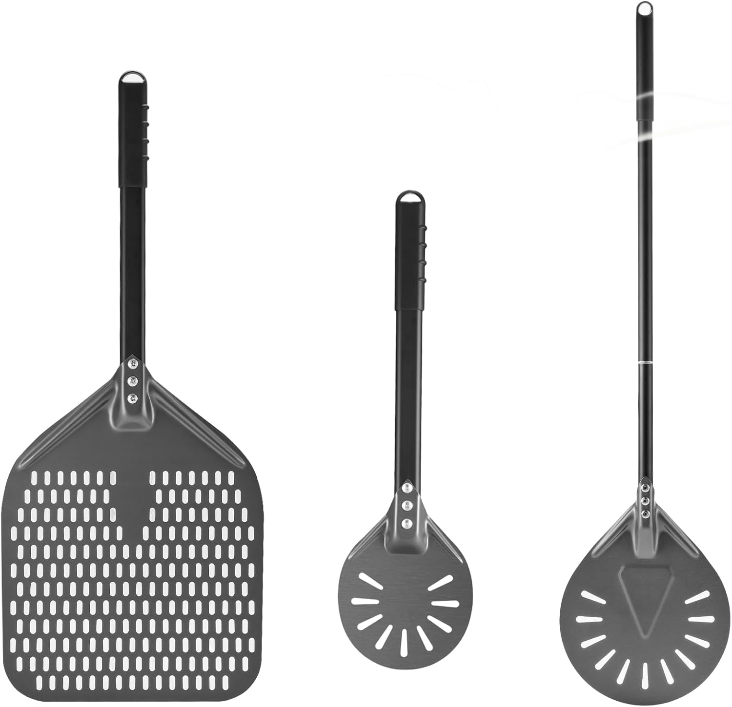 12 Inch +7 Inch Perforated Pizza Peel Set， Pizza Turning Peel - 6 Inch Aluminum Perforated Pizza turner with 30 Inch Pizza Spatula Paddle for Homemade Pizza Oven Accessories