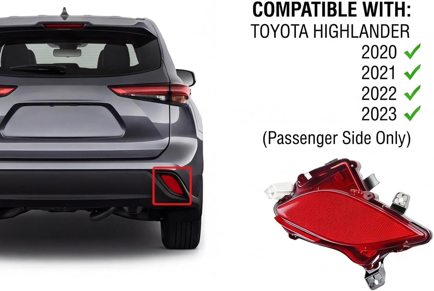 Rear Bumper Reflector Light Lamp Compatible with 2020-2023 Toyota Highlander, Passenger Side, Replaces 81480-0E060
