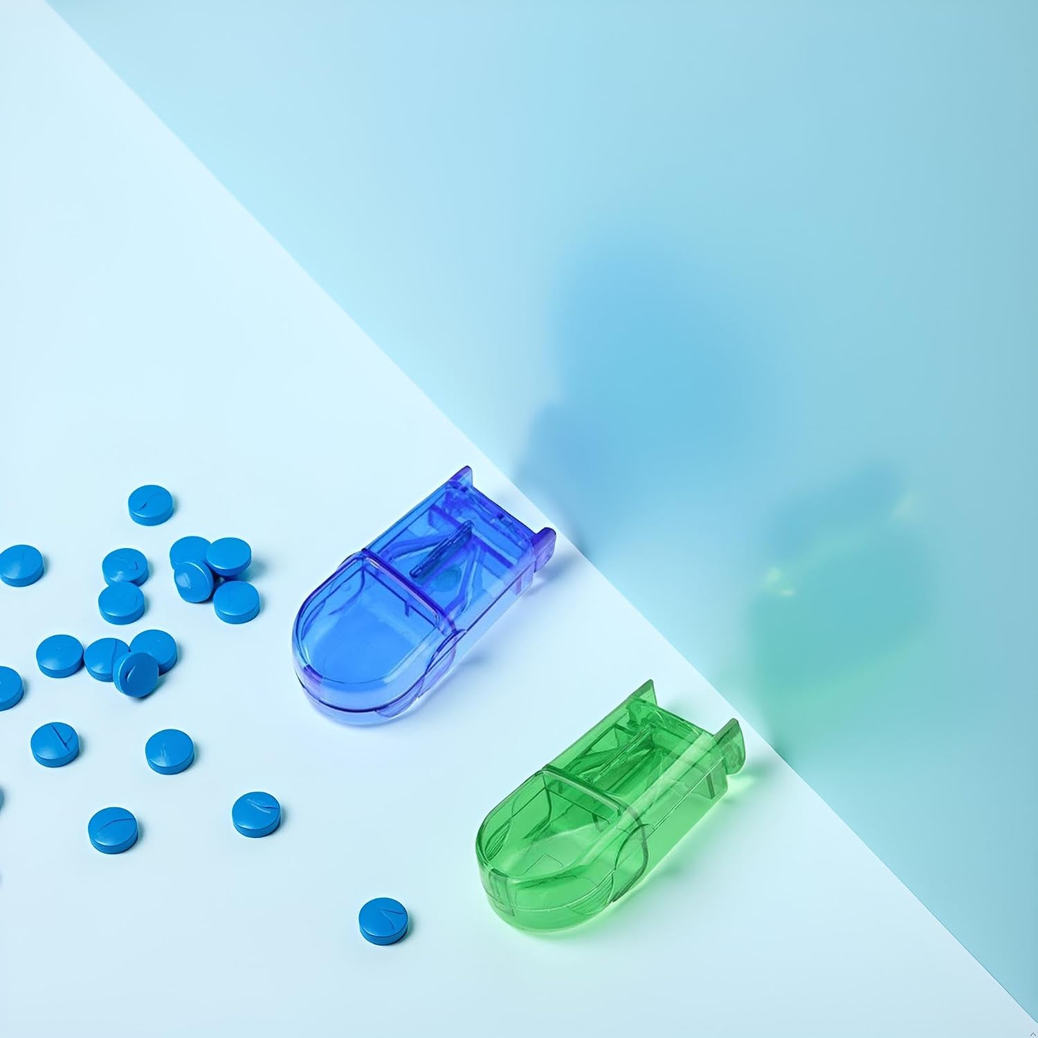 2pcs Green and Blue Cuts Pills for Small and Tiny Pills Tablet Splitter with Guard Pill Cutter and Crusher Cuts Pills for Cutting Small Pills or Medicine Organizer Medication Aids