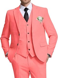 Retro Linen Suit for Men Slim Fit 3 Pieces Casual Beach Wedding Tuxedo Jacket Blazer Vest Pant Groomsmen Suits