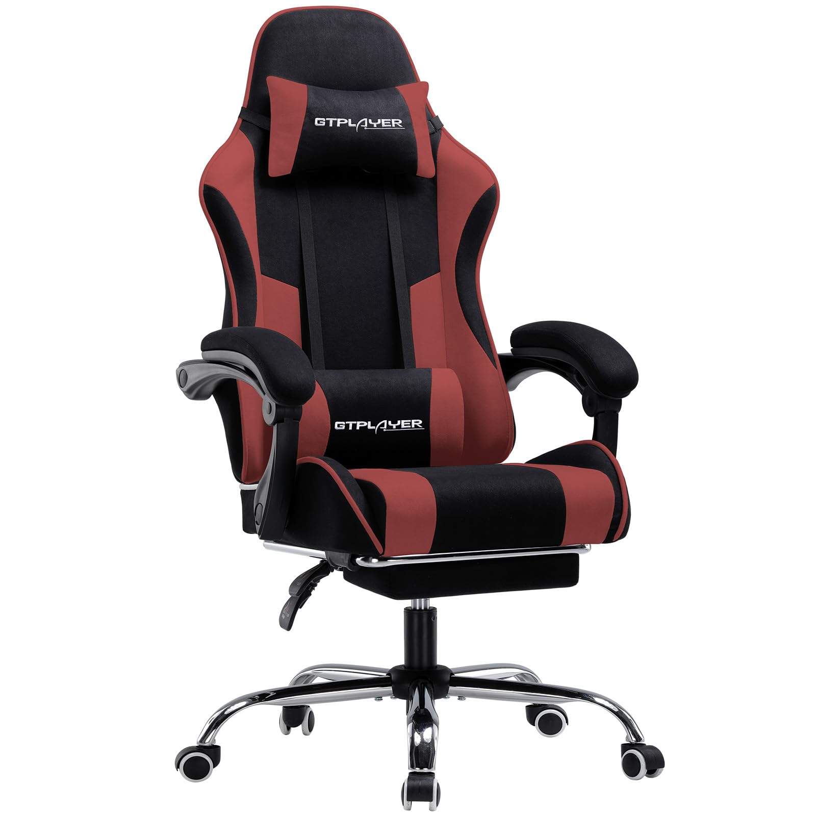 GTPLAYER Gaming Stuhl Stoff, Bürostuhl Massage Gaming Sessel Ergonomischer Gamer Stuhl mit Fußstütze, Kopfstütze Massage-Lendenkissen, Gepolstert Gaming Chair, Drehsessel, rot