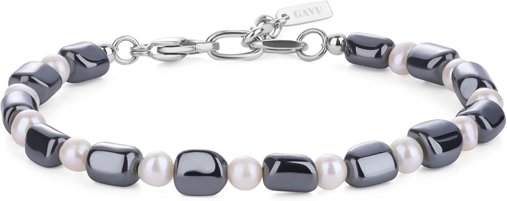 GAVU Stainless Steel Beaded Bracelet for Men, Mens Hematite Bracelet Pearl Bracelet for Men