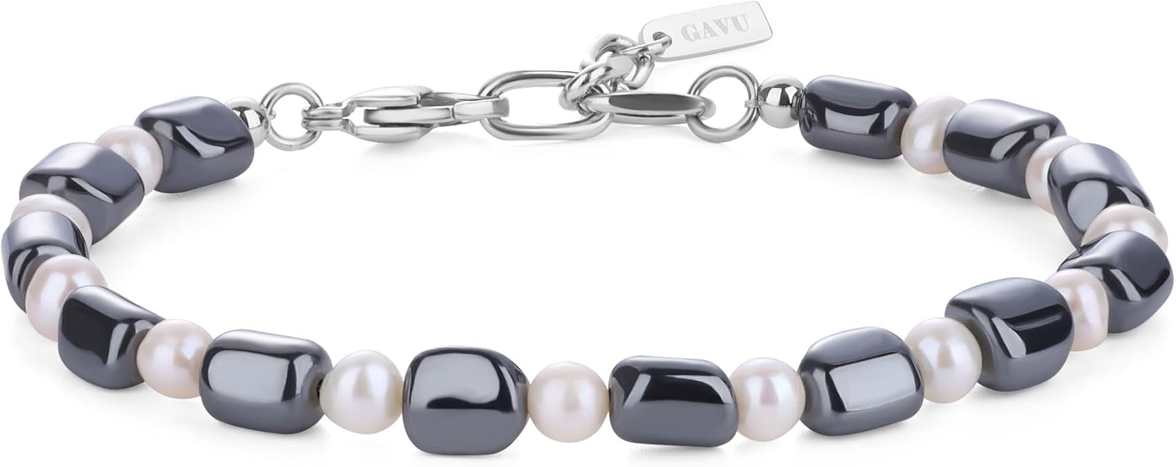 GAVU Stainless Steel Beaded Bracelet for Men, Men's Hematite Bracelet Pearl Bracelet for Men