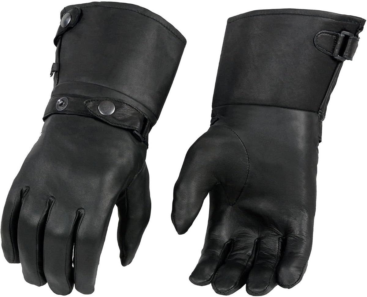 Milwaukee Leather Guantes de mano para motocicleta Gauntlet para hombre, cuero negro, puño largo, cierre a presión, forro térmico, SH264