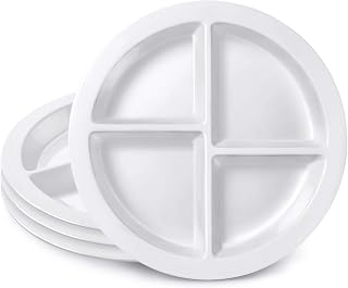 Portion Plate For Adults and Teens – Pure White - 100 melamine - With 4 Divided Sections - MyPlate, Family Pack - 4 plates