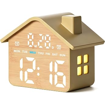 Digital Alarm Clock in House Design Wood Effect LED Table Clock with Day of the Week and Date 2 Alarm Times Snooze Function Brightness Adjustment Night Light for Living Room Children's Room