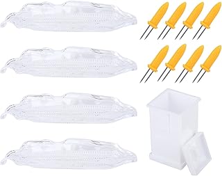 4 Pcs Corn Trays and 8 Pcs Corn Cob Holders Set,Corn Cob Holders and Dish Set,Corn on The Cob Skewer Stainless Steel Skewer Needle BBQ Tool and PP Corn Tray,with Butter Spreading Tool(Clear)