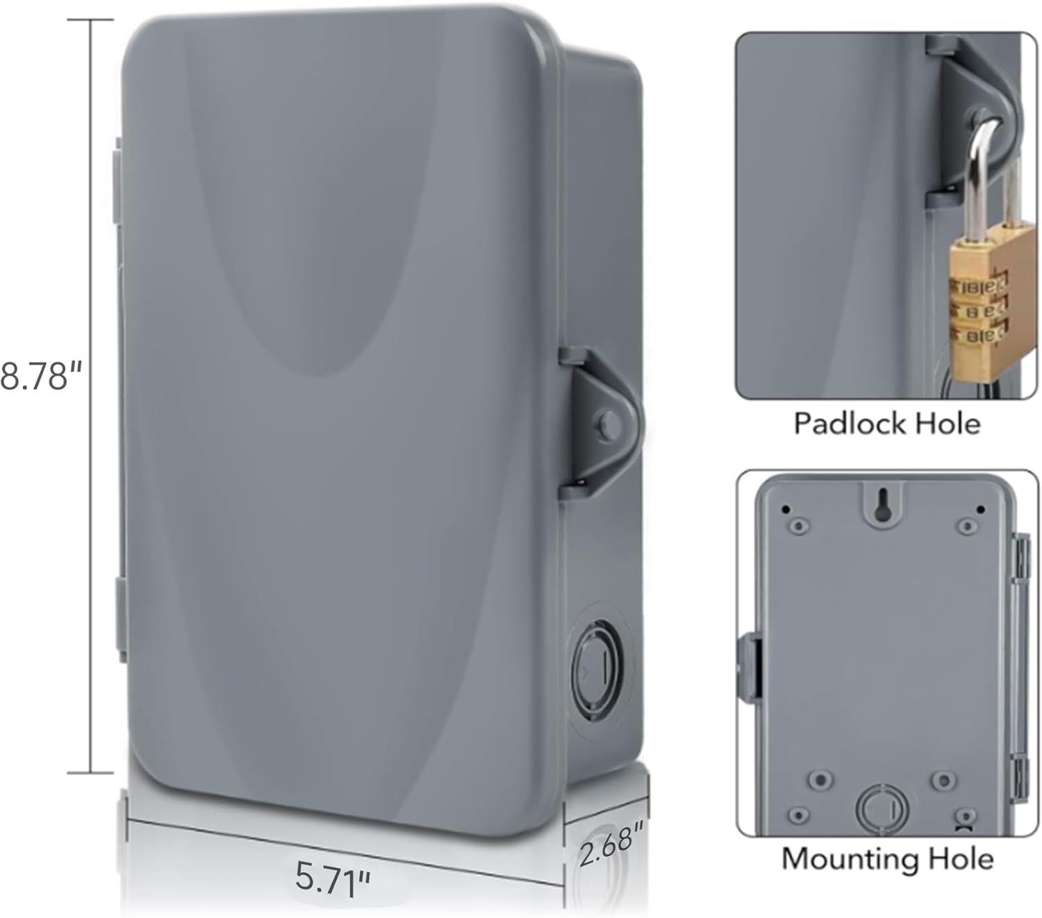 Dimensions of the BN-LINK Pool Pump Timer and close-ups of padlock and mounting holes
