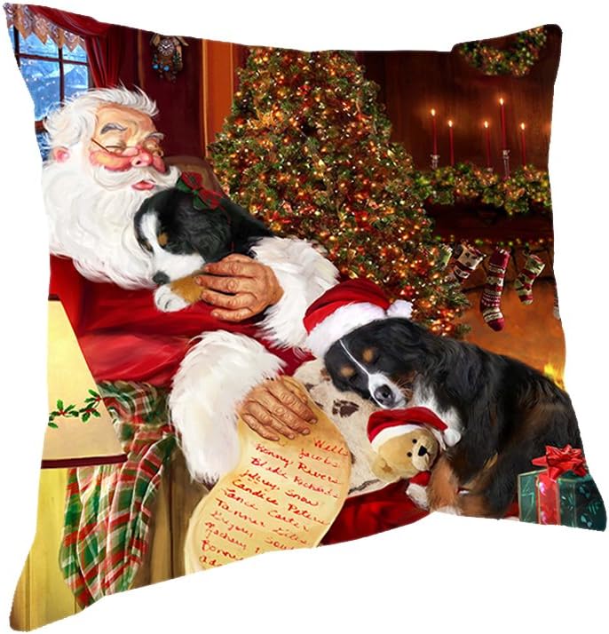 Doggie of the Day Happy Holidays with Santa Sleeping with Bernese Mountain Dogs Christmas Pillow (14x14)