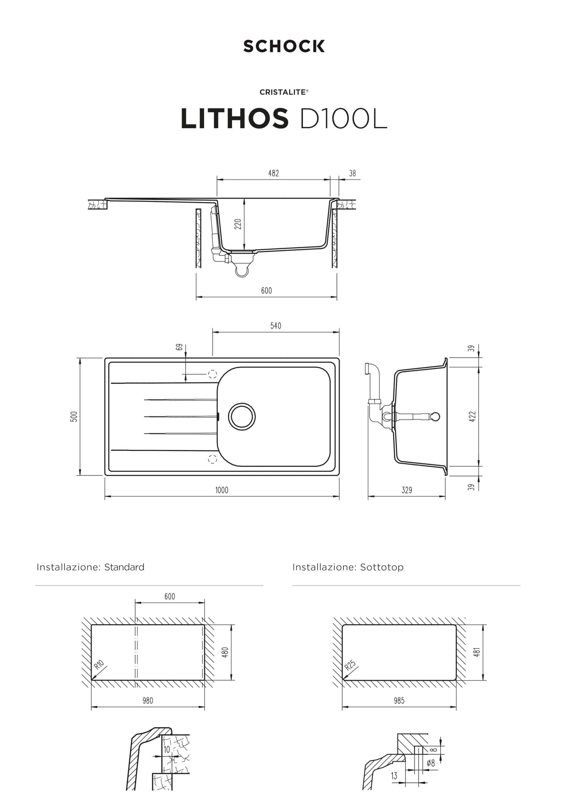 SCHOCK - Lavello Cucina Lithos D100L 1 Vasca Large con Gocciolatoio