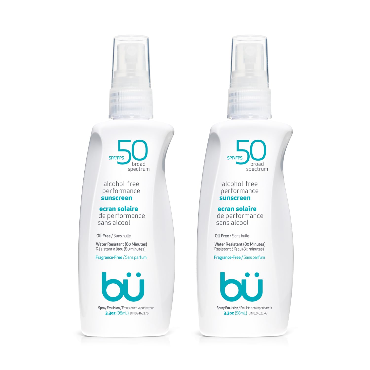 BU SPF 50 Sunscreen Spray for Face and Body, Fragrance Free, Clear Non Aeorsol, Non Greasy and Water Resistant (2-pack)