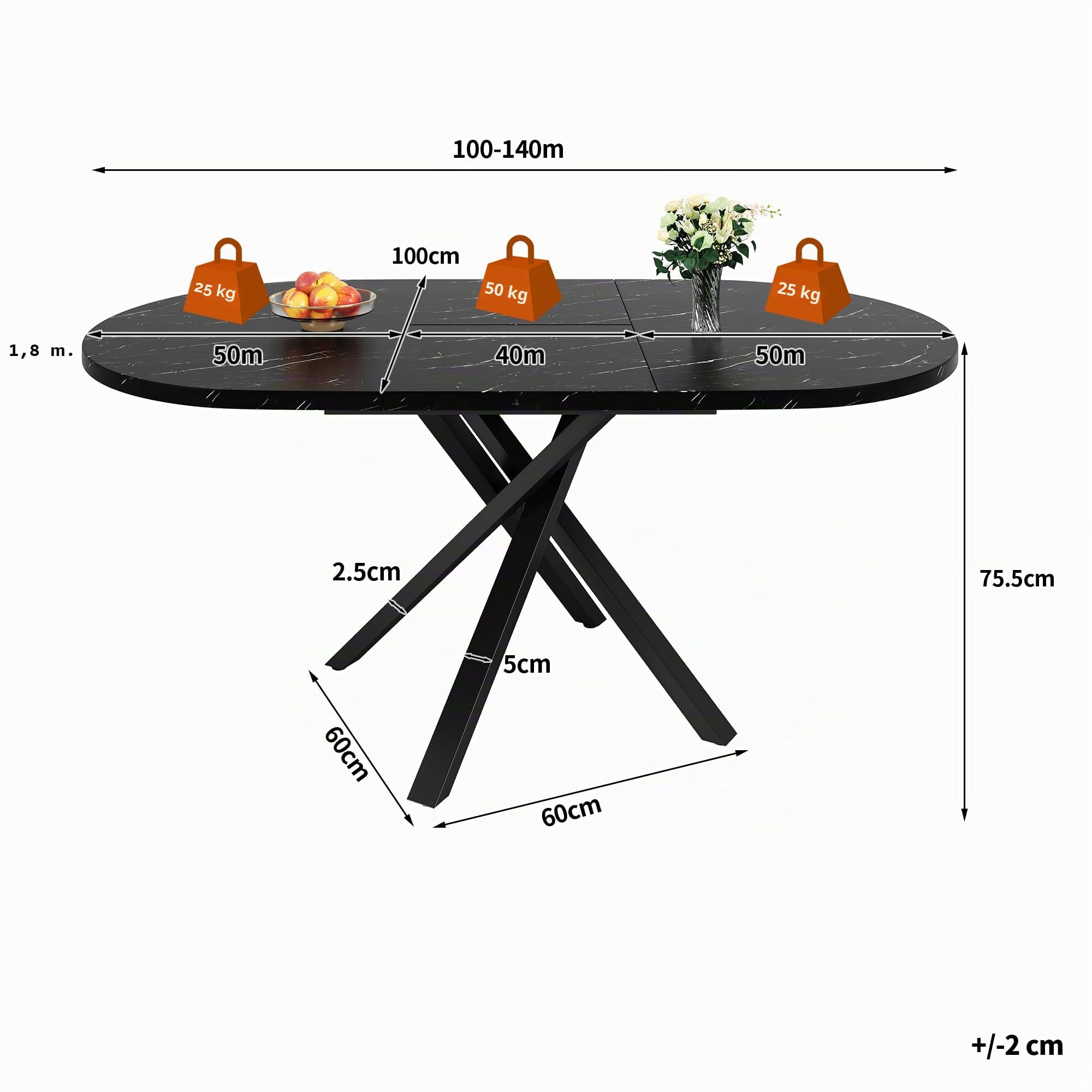 Kebnor Tavolo allungabile rotondo effetto marmo, 100 cm (allungabile fino a 140 cm) x 75,5 cm di altezza, con robusta struttura in metallo di colore nero, ideale come tavolo da cucina o tavolo da