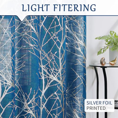 FMFUNCTEX Linen Semi Sheer Curtains for Bedroom and Living Room - Silver Foil Metallic Print Navy Blue Tree Panel, 96 Inches Long, Light Filtering, Grommet Top, 2 Panels by FMFUNCTEX - Image 7