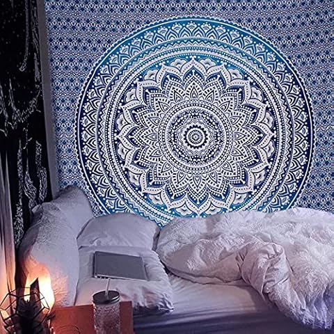 raajsee Indian Cotton Aqua Blue Tapestry Mandala Wall Hangings- Tapestry Cover