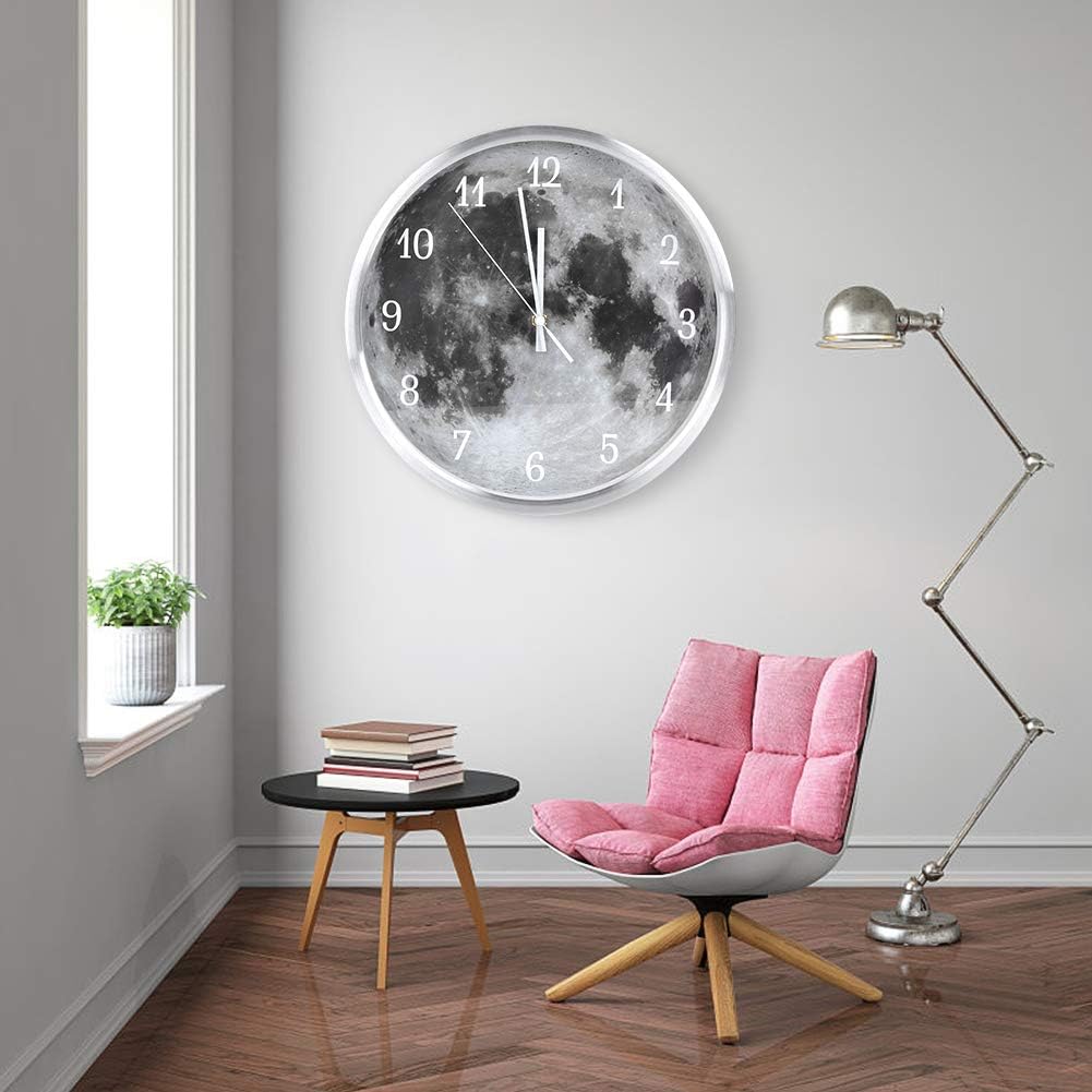 LED Night Light Wall Clock Hanging Silent Clock Silver Round Clock Battery Operated Earth Decorative Cool Wall Clock for Child Room Bedroom Living Room