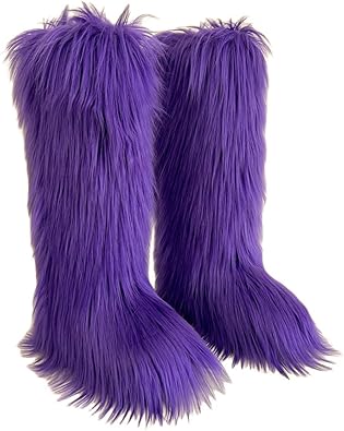 QMFUR Womens Furry Knee High Snow Boots Faux Fur Mid-Calf Boot Fluffy Flat boot Winter Warm Fashion Boots