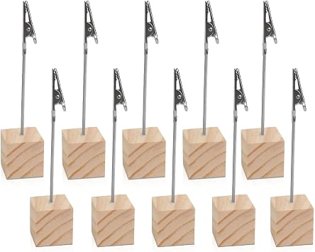 10 PCS Wooden Memo Clips Table Numbers Place Card Holders Wood Cube Base | Lightweight Photo Picture Paper Note Displaying Clip with Alligator Clasp