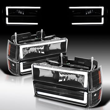Autozensation Compatible with 1994-1998 Chevy C10 C/K Tahoe Suburban, Black Headlights + Corner Lights + Bumper Lights w/LED Tube