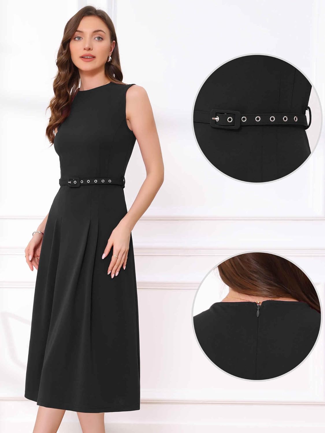 Allegra K Work Dress for Women's Sleeveless Crew Neck High Waist A-Line Office Dresses - Image 4