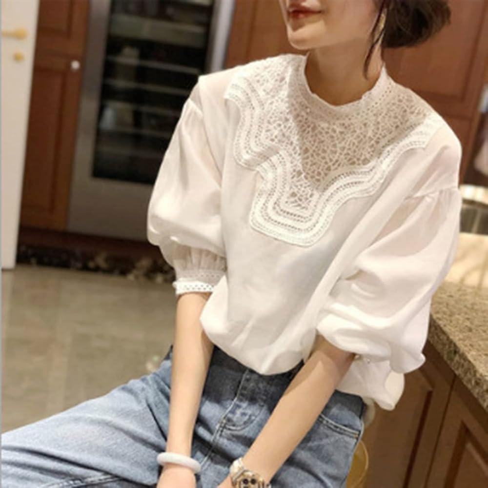 Amazon | [AYBTO] 半袖 ホワイト レディース レース スタンドカラー