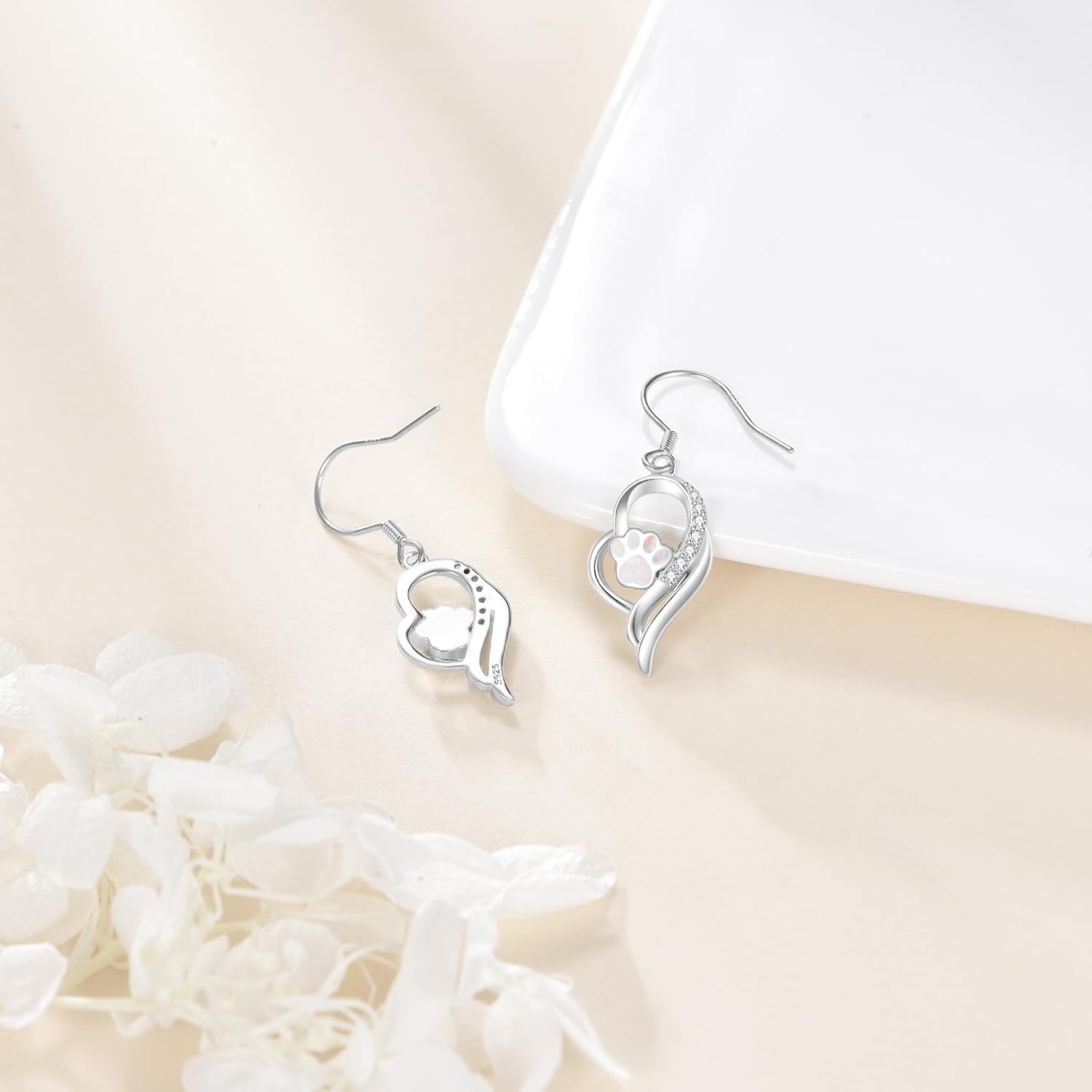 Paw Print Earrings 925 Sterling Silver Heart Opal Earrings Animal Jewelry Memorial Jewelry Gifts for Pet Owner Women Mom - Image 2