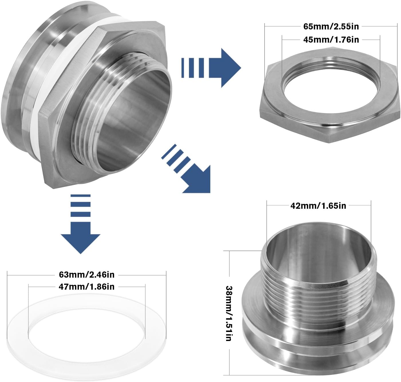 2" Tri Clamp Bulkhead Compression Fittings Stainless Steel 304 Weldless Bulkhead, Self-Made Kettle Bulkhead