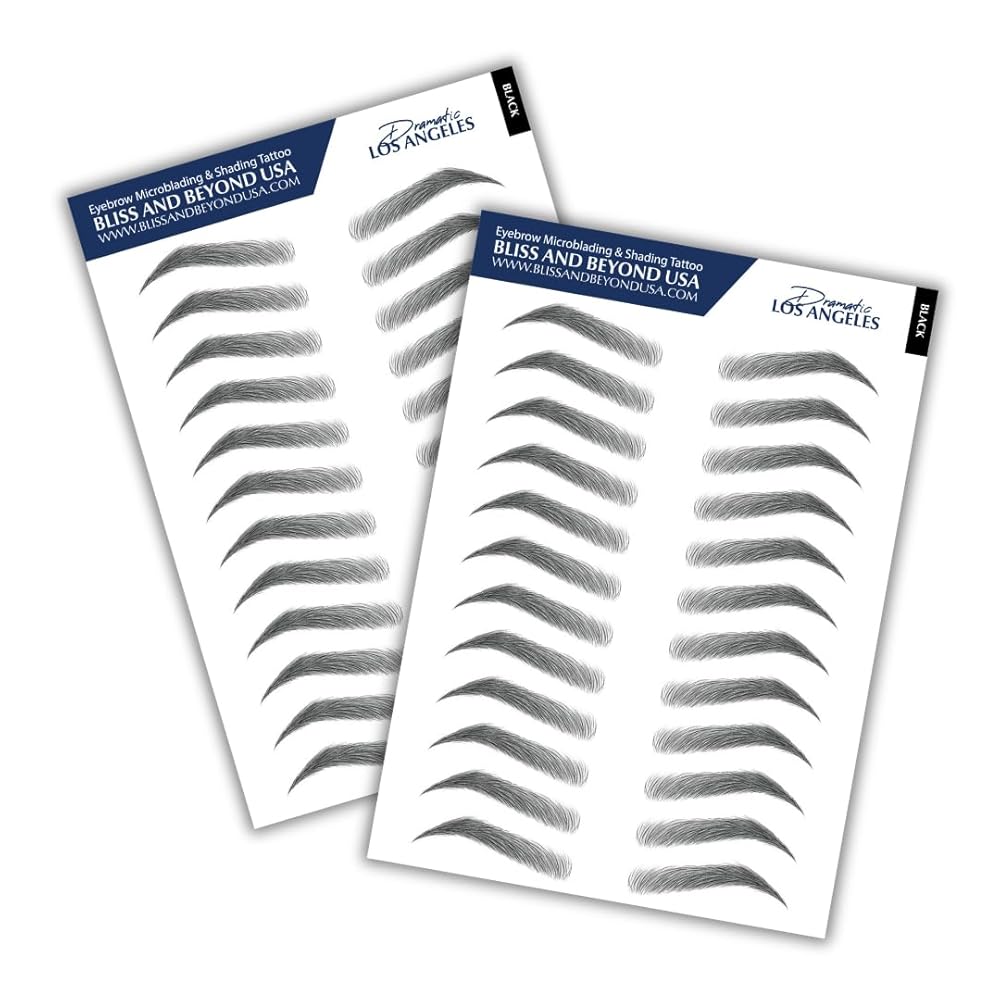 Bliss and Beyond USA, 2 sheets eyebrow tattoo waterproof sticker, Long Lasting, Natural Looking Eyebrow for Alopecia, Chemo, Cancer gift. Same Size eyebrow tattoos (Dramatic Los Angeles, Black)