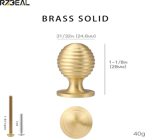 Miniatura 2 de RZDEAL 12 tiradores redondos de latón macizo para cajones de gabinete, manijas doradas para manijas de tocador, pomos de 1 pulgada (espiral de 0.984