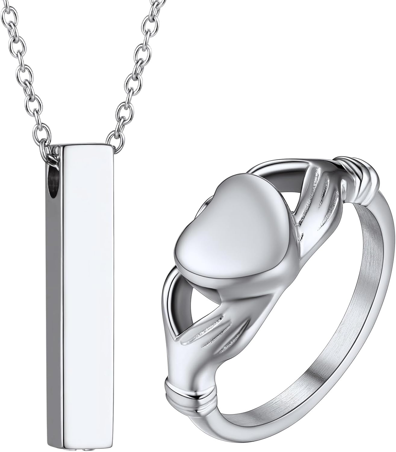 Urn Necklaces Heart Ring Bundle for Women, Charm Cremation Pendant Necklace Ring Sets Jewelry (Gift Box)