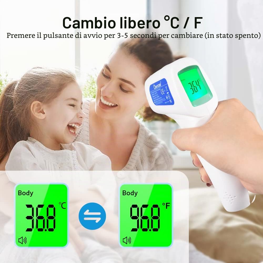 Berrcom Termometro Febbre Termometro Neonato Termometro Frontale a Infrarossi Senza Contatto Termometro Digitale per la Fronte con Allarme Febbre, Interruttore °C/℉