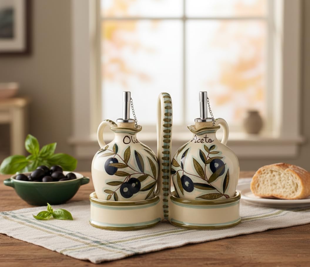 CERAMICHE D'ARTE PARRINI - Italian Ceramic Art Pottery Oil Cruet Vinegar Decorated Olives Country Hand Painted Made in Italy Tuscan