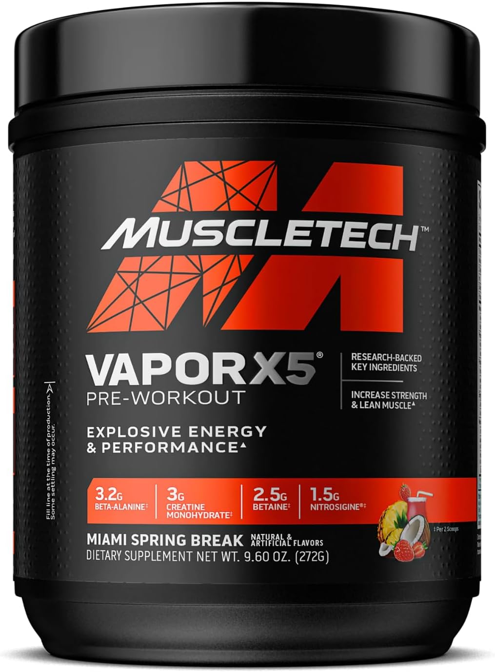 MuscleTech | Vapor X5 | Pre-work Powder | Intense Muscle Pump Energy | Sports Nutrition Muscle Building Supplements for Women & Men | Miami Spring Break | 272 grams | 30 servings
