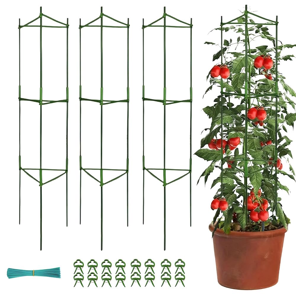 PLLYPE Tomato Cages 3 Pack, 130cm Adjustable Triangle Plant Stakes Support Trellis for Climbing Plants, Garden Cucumber Support