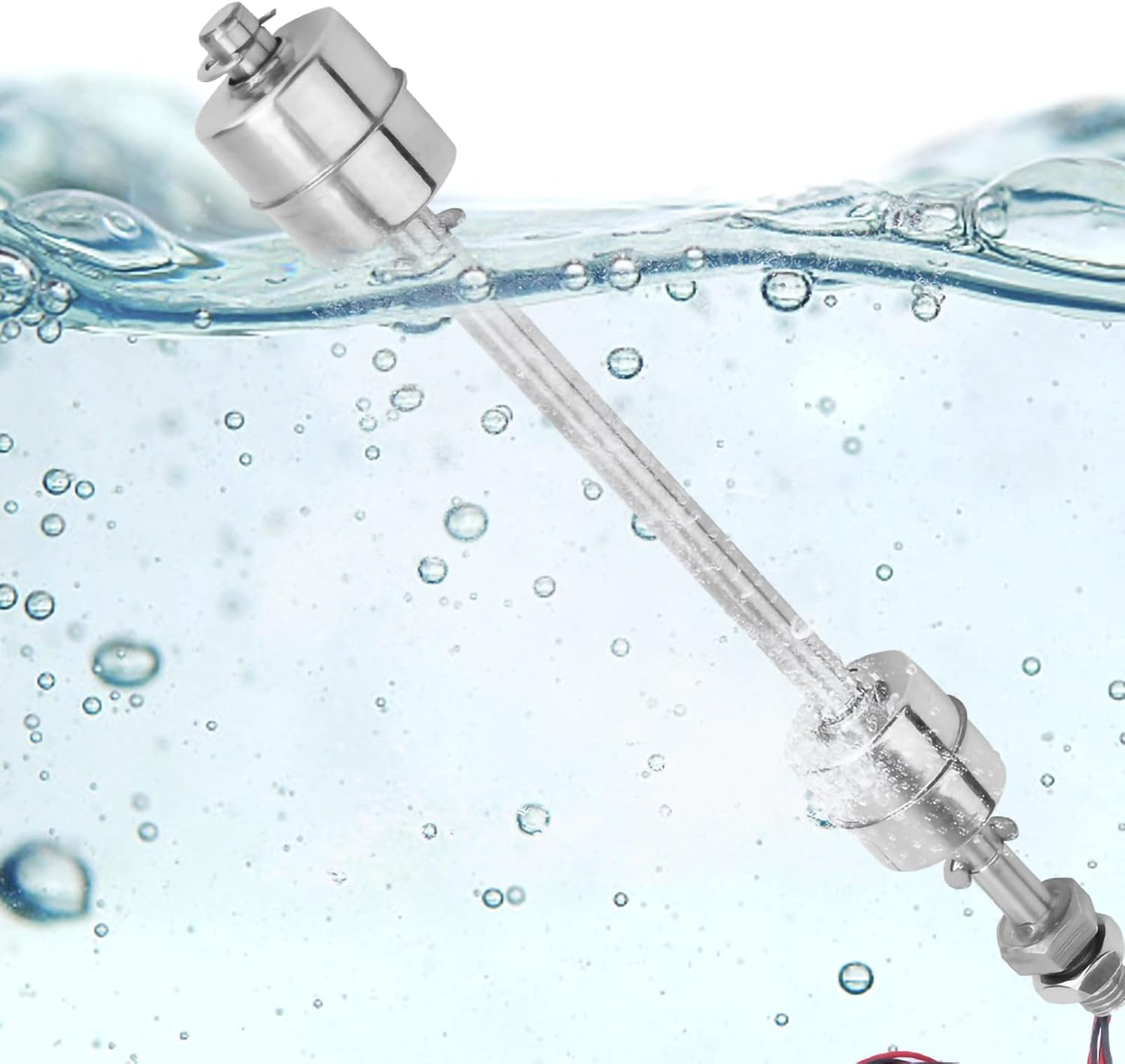 Water level sensor partially submerged in water with bubbles