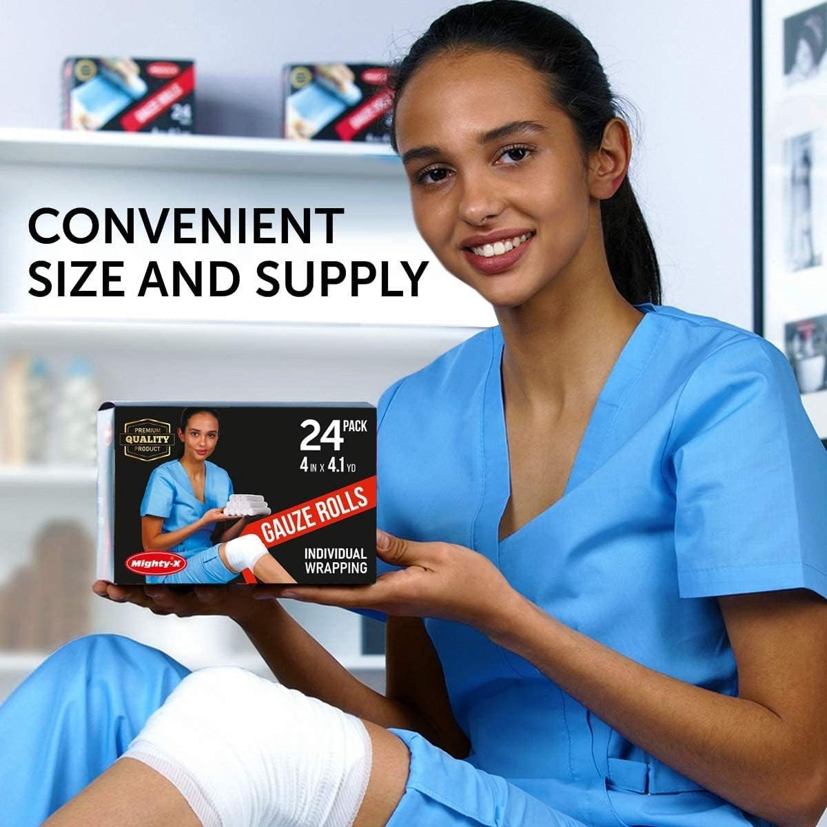 Premium Gauze Rolls - (24 Pack) - 4" x 4.1yd Breathable Rolled Gauze - Individually Wrapped + Bonus Tape - First Aid Conforming Gauze Wrap Roll for Wounds